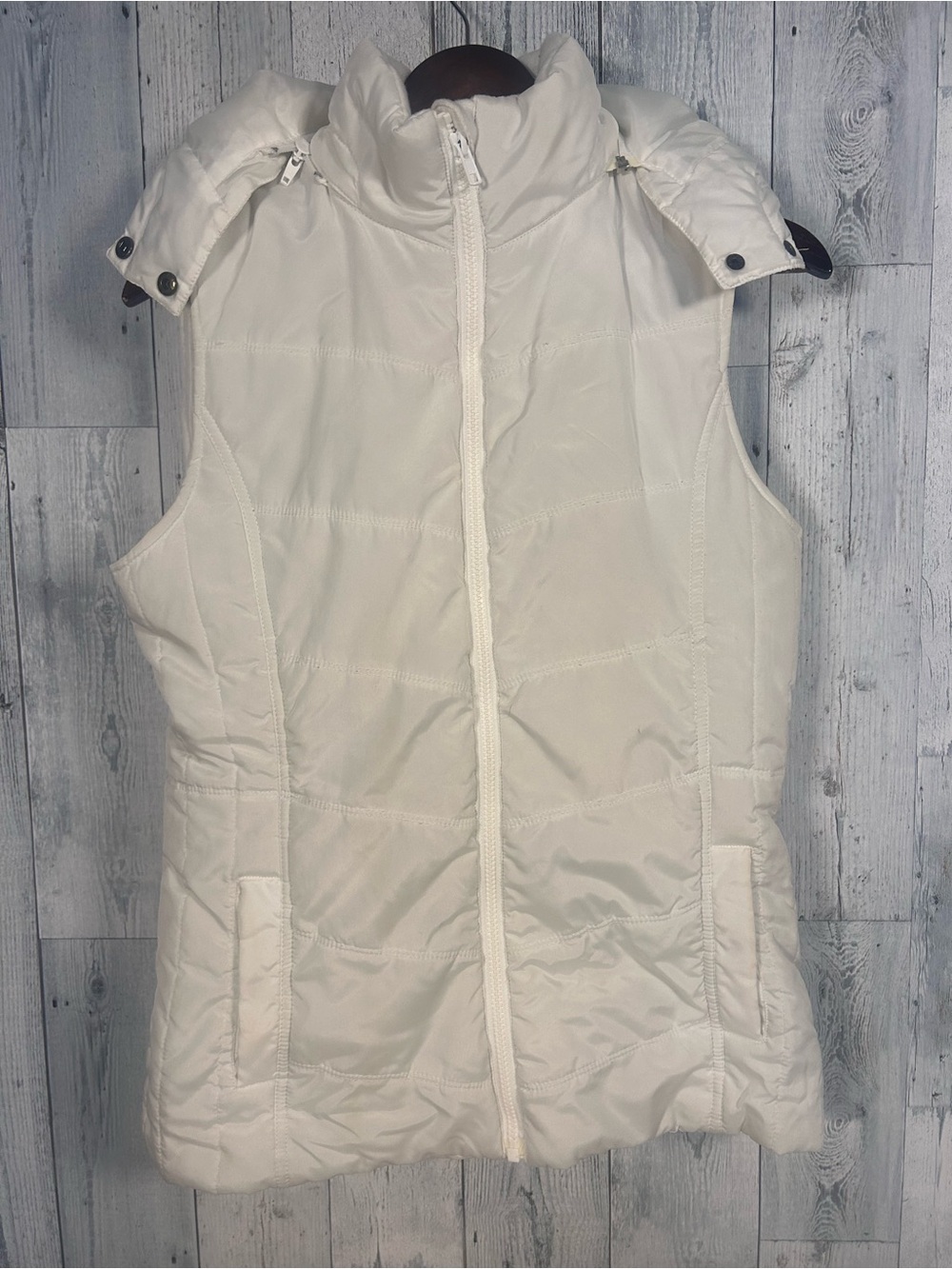 Warehouse One White Puffer Vest Medium Detachable Hood Quilted Full Zip